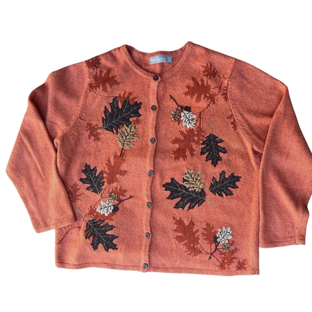 Croft & Barrow XL Cardigan Sweater Fall Leaves Ramie Silk Applique Embroidered